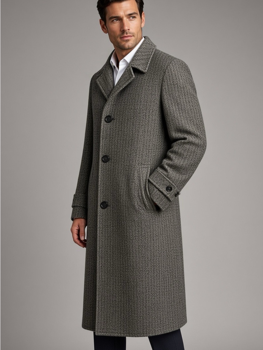 Vintage 50/60’s Men's Harris Tweed Scottish Wool  Long Overcoat in Gray
